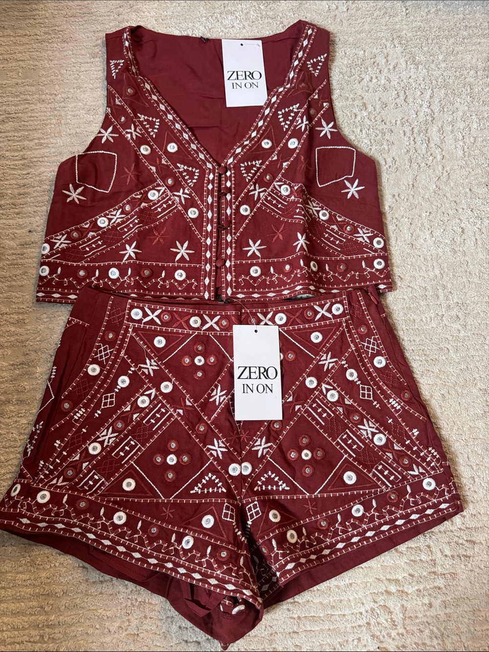 Embroidered Maroon Short Set